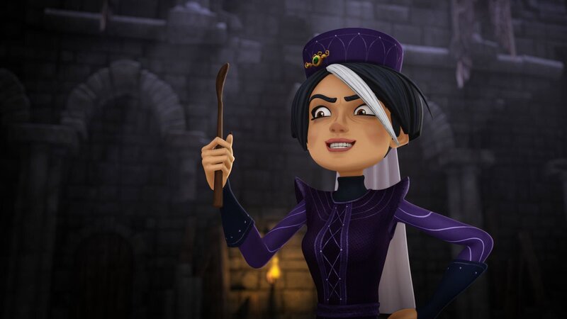 Igraine triumphiert. Mit diesem Löffel kann sie das Aussehen Uthers erlangen. – Bild: SWR/​Blue Spirit Productions/​TéléTOON+/​Canal+