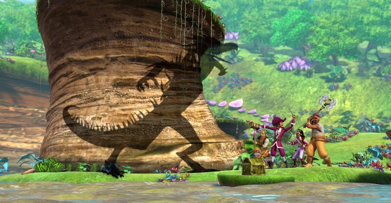 Der Schatten von Megatrezila, dem Wächter der Quelle, greift Hook und seine Piraten an. Diese machen sich kampfbereit und warten auf den Befehl von Hook. – Bild: ZDF/​DQ Entertainment