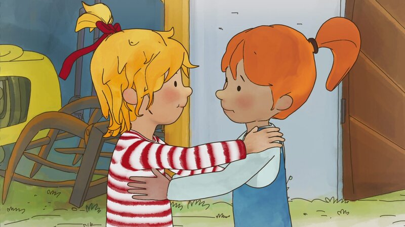 Conni (l.) macht Ferien auf dem Bauernhof und möchte nun gar nicht wieder nach Hause fahren. Sie hatte einen Riesenspaß, vor allem zusammen mit Annika (r.). – Bild: ZDF/​Henning Windelband/​Youngfilms GmbH