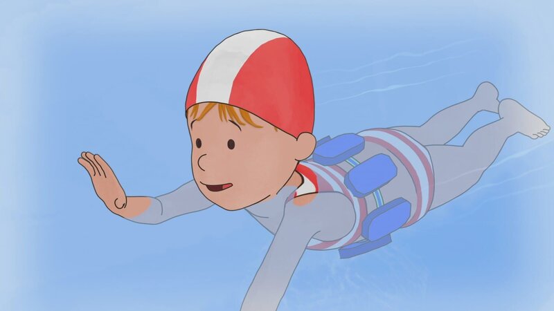 Conni übt unermüdlich Schwimmen. Von Mal zu Mal benötigt sie weniger Schwimmhilfen. Aber eine ganze Bahn durchzuschwimmen ist schon recht anstrengend. – Bild: ZDF/​Henning Windelband/​Youngfilms GmbH