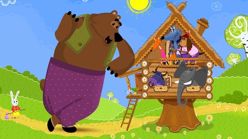 Der Hase und der Bär stehen vor dem Haus der Füchsin. – Bild: KiKA/​Animaccord LTD