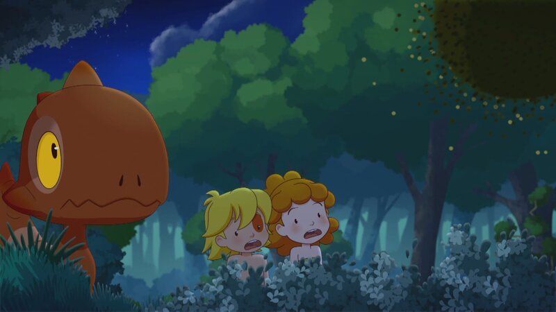 Tib und Tara beobachten mit Tumtum, wie sich der Pflaumendieb über einen Baum hermacht. – Bild: KiKA/​hr/​TF1/​GO-N Productions