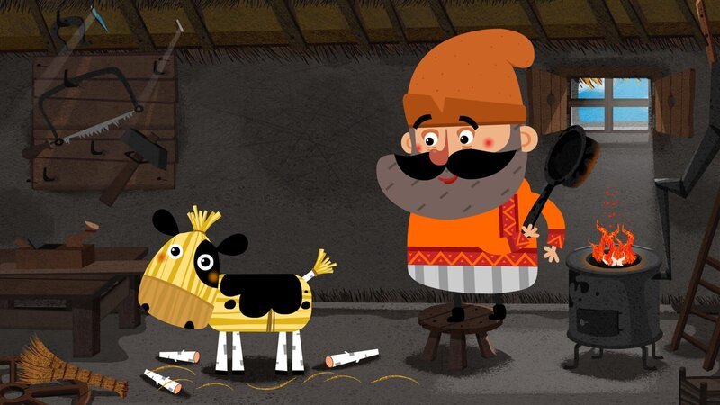 Der alte Mann hat aus dem herumliegenden Stroh ein Stierkalb gebaut. – Bild: KiKA/​Animaccord LTD 2008
