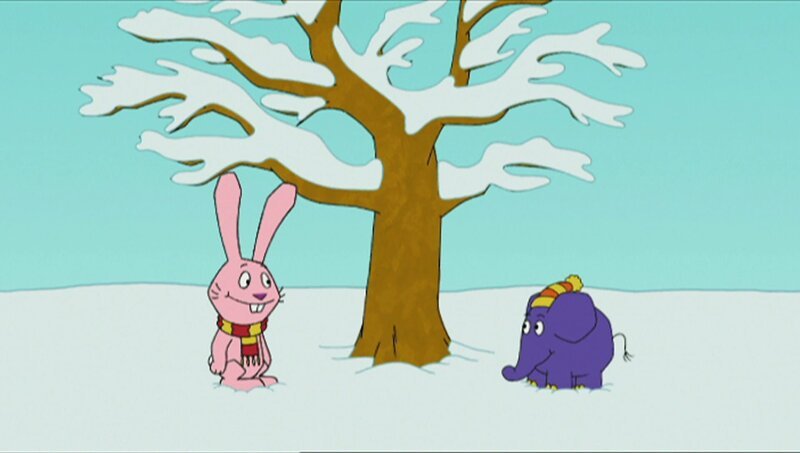 Hase und Elefant freuen sich über den Schnee. – Bild: WDR