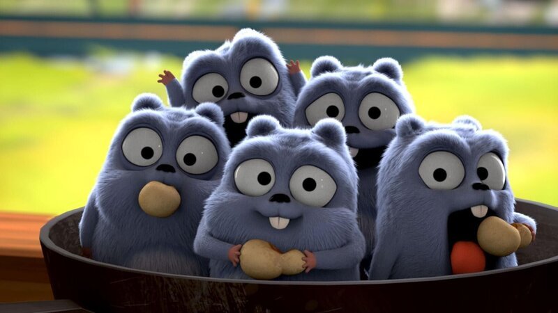 Da hat aber jemand den Mund ganz schön voll genommen! Die Lemminge machen sich über das Popcorn her.  +++ – Bild: Die Popcorn-Party /​ © Studio Hari S.A.R.L.