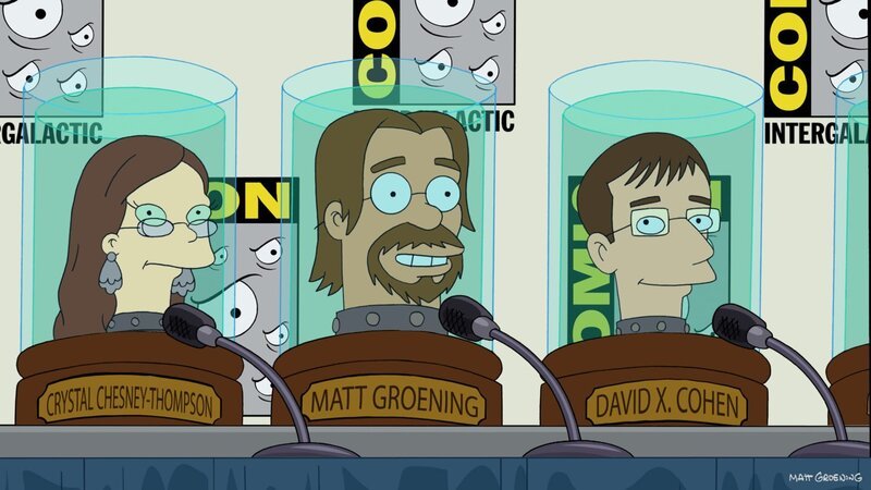 Welche Rolle spielen Crystal Chesney-Thompson (l.), Matt Groening (M.) und David X. Cohen (r.) bei der Rettung der Welt? – Bild: Paramount