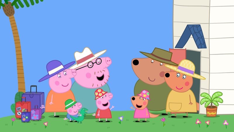 Mama, George, Papa und Peppa Wutz (v.l.n.r) fliegen nach Australien, wo sie ihre Freundin Katinka Känguru (r.) und dessen Familie besuchen. – Bild: SUPER RTL