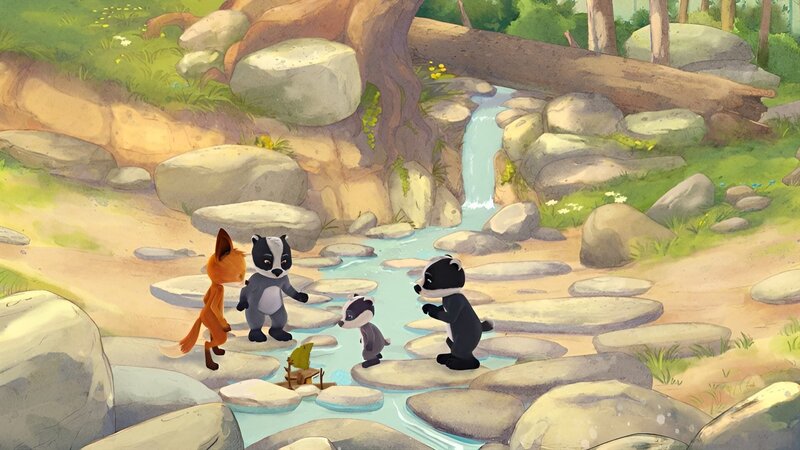 Rosie, die Zwillinge und Emmie entdecken im seichten Wasser des Flusses viele kleine Froscheier. – Bild: WDR/​Mediatoon