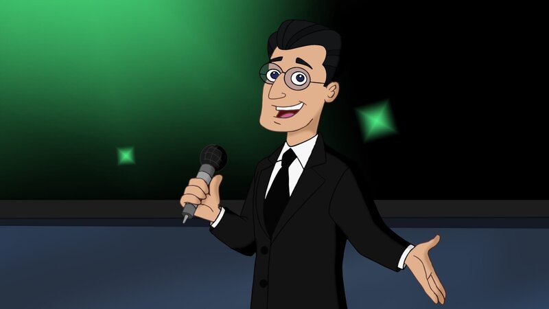 PHINEAS AND FERB – „Klimpaloon Ultimatum“ – Love HŠndel’s song „The Ballad of Klimpaloon“ is nominated for „Best Fact-Based Song“ at the Tristies, the tri-state area’s music award show sponsored by Random Swimwear. But when the existence of the magical, human-like bathing suit Klimpaloon is questioned, Phineas, Ferb and the gang must travel to the Himalayas to prove his existence and validate Love HŠndel’s nomination. Guest starring is Jon Stewart as Mr. Random, President of Random Swimwear. This episode of „Phineas and Ferb“ premieres MONDAY, JULY 7 (10:30⁠–⁠11:00 a.m.) on Disney XD. (DISNEY XD) MR. RANDOM – Bild: 2014 Disney Enterprises, Inc. All rights reserved.
