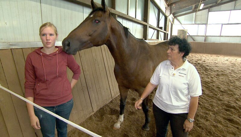 Isabelle Banek und Britta Dembny mit Sorgenkind Hengst Victor. – Bild: NDR/​5ǀ14 FILM