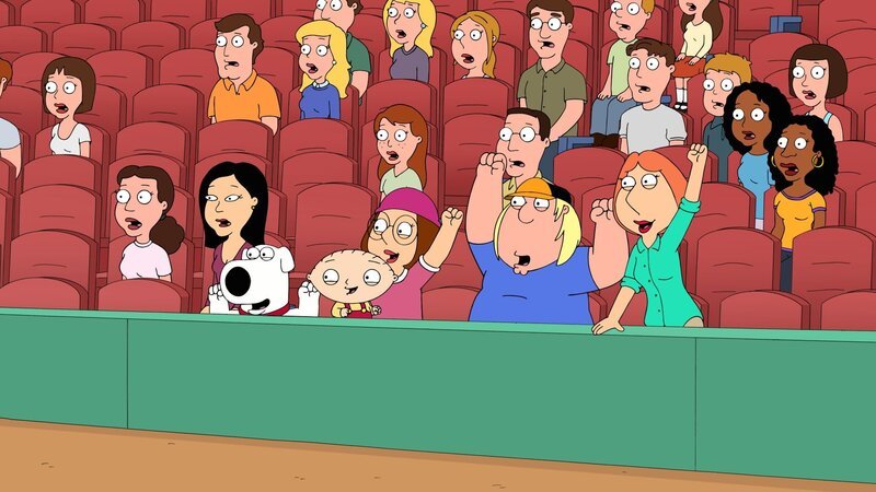 Peter wird von (v.l.n.r.) Brian, Stewie, Meg, Chris und Lois auf der Tribüne des Baseballspiels angefeuert und zu Höchstleistungen motiviert … – Bild: Fox and its related entities