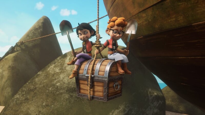 Die Sardinen wollen die Kiste mit den Trümmern des zerstörten Geburtstagsgeschenks für Käpt’n Raubeins Papagei Greifs im tiefen Sand vergraben. – Bild: Method Animation