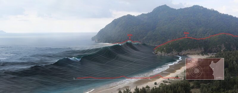Am Strand von Lhoknga, Sumatra türmte sich eine Monsterwelle von über 30 Metern auf. Sie erreichte sogar Stellen, die unfassbare 50 Meter über normaler Meereshöhe lagen. – Bild: ZDF