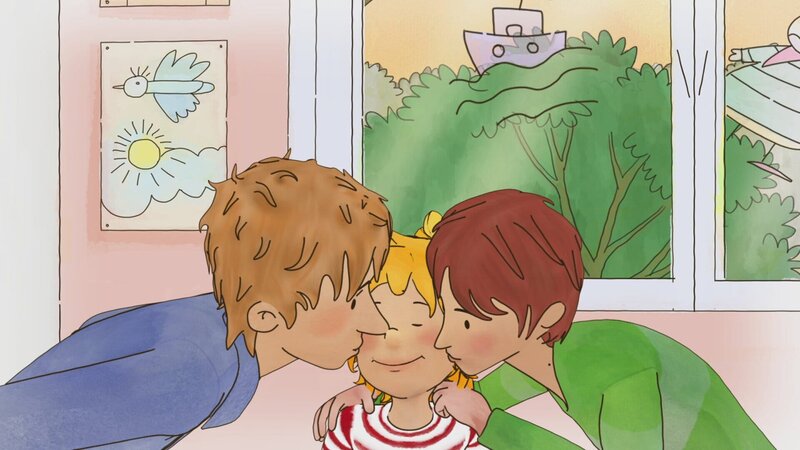 Ohne Mama und Papa im Kindergarten zu übernachten fällt Conni nicht leicht. Doch mit so vielen Küssen als Vorrat ist Conni zuversichtlich, dass es klappen wird. – Bild: ZDF