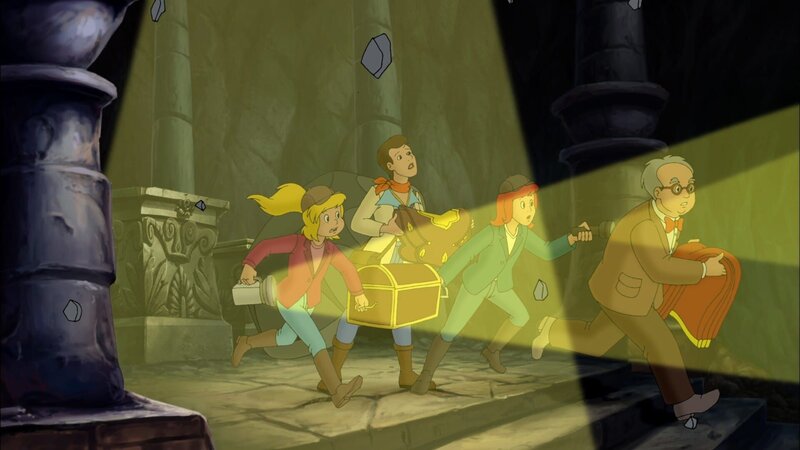 Gemeinsam machen sich die Mädchen mit dem Direktor auf die Suche nach der Betrügerin, die hinter dem legendären Schimmelreiterschatz her ist. – Bild: ZDF/​Kiddinx Studios GmbH