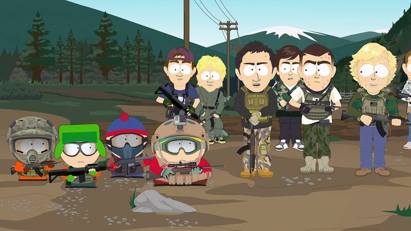 Kenny (l.), Kyle (2.v.l.), Stan (3.v.l.), Eric (4.v.l.), Trevor (3.v.r.) – Bild: Comedy Central