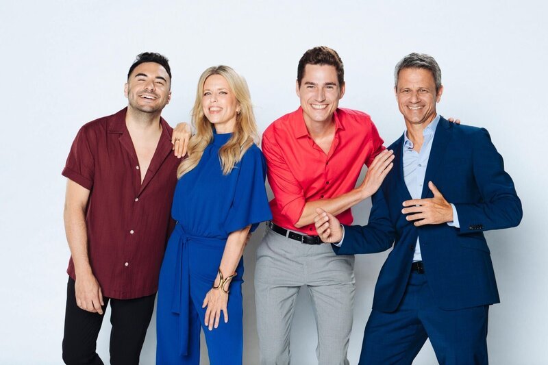 V.l.: Lars Steinhöfel (Easy Winter), Miriam Lahnstein (Patrizia Neumann-Goldberg), Timothy Boldt (Ringo Huber), Jens Hajek (Benedikt Huber) – Bild: RTL /​ Julia Feldhagen