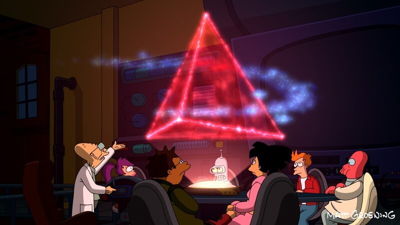 Sind gespannt, was sie auf der Reise durch das Tetraeder erwartet: (v.l.n.r.) Professor Hubert, Leela, Hermes, Bender, Amy, Fry und Zoidberg … – Bild: Paramount