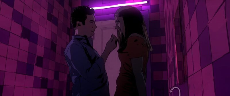 Babak (Arash Marandi) bietet Donya (Negar Mona Alizadeh) in der Toilette des illegalen Clubs Drogen an. – Bild: Little Dream Entertainment