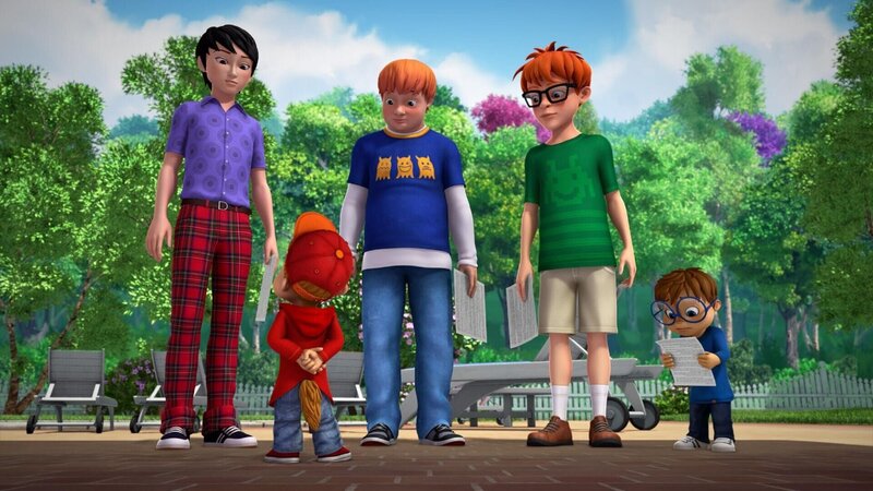 Alvin (vorne) schlägt den Mathe-Haien einen Deal vor. Sie machen seine Hausaufgaben und er hilft ihnen beim Kampf gegen den Rüpel Derek.  +++ – Bild: SUPER RTL /​ Die Mathe-Haie