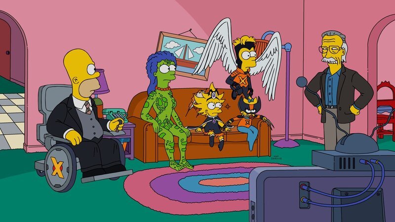 Die Simpsons (v.l.n.r.: Homer, Marge, Lisa, Bart und Maggie) und Comic-Autor Stan Lee … – Bild: Fox and its related entities