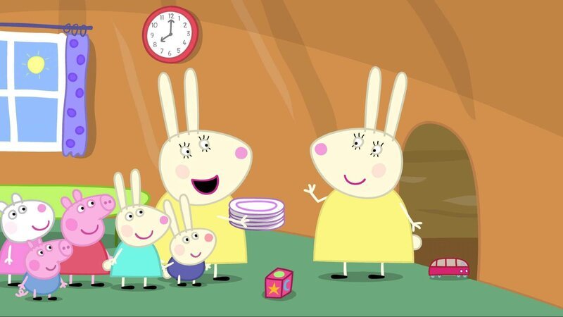 v.li.: Suzy Sheep, George Pig, Peppa Pig, Rebecca Rabbit, Richard Rabbit, Mummy Rabbit, Miss Rabbit – Bild: TVNOW