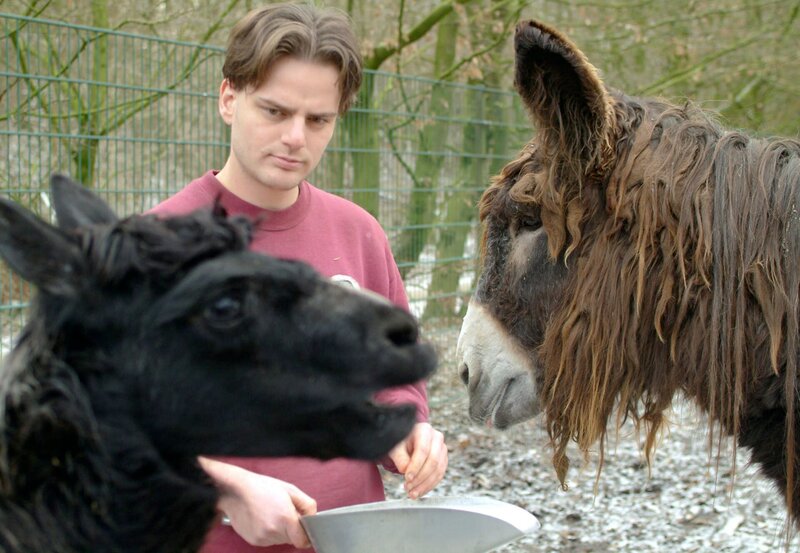 Marco Kissling mit Poipou-Esel Jaques (rechts) und Alpaka Pico. – Bild: BR/​WDR/​Melanie Grande