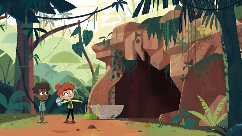 Taylor und Tommy sollen zu Minas Tochter Lucy in die Höhle gehen, um sie mit dem Fläschchen zu füttern. – Bild: ZDF/​Watch Next Media