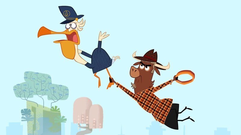 Sherlock Yack lässt sich nicht von Käpt’n Pelikan abschütteln. – Bild: ZDF/​Mondo tv