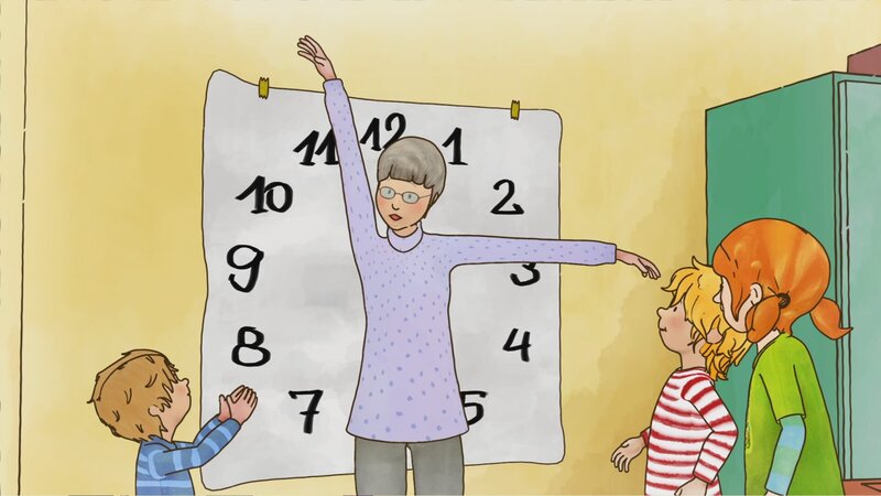 Conni und Anna wollen wissen, wie spät es ist. Mit Omas Uhrzeit-Quiz macht das Uhr lesen gleich viel mehr Spaß. – Bild: ZDF/​Henning Windelband/​Youngfilms GmbH