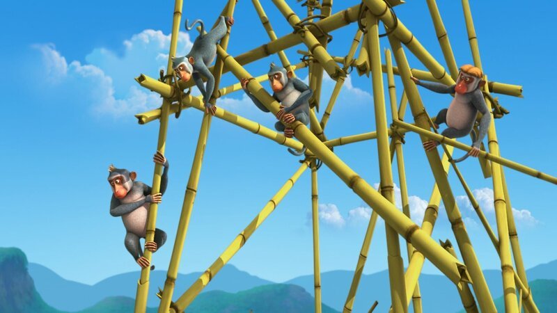 Die Affen bauen einen Bambusturm für Affenkönigin Mascha. Der soll bis zur Sonne reichen. – Bild: ZDF/​DQ Entertainment