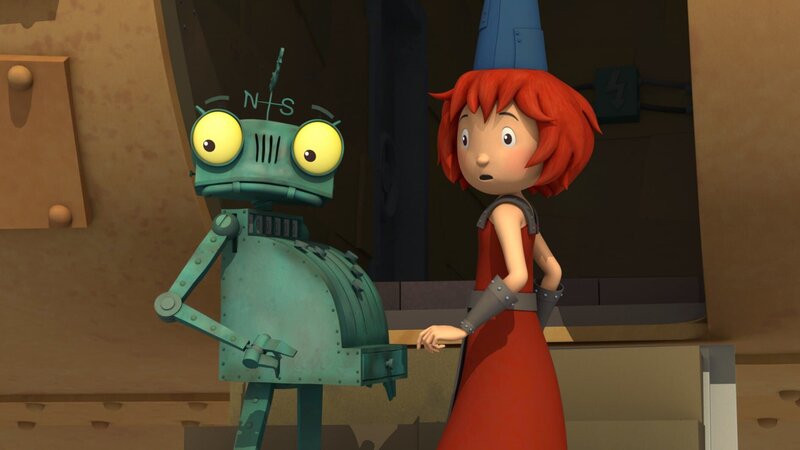 Bö und Rost fragen sich, ob sie tatsächlich in ein Luftschiff steigen sollen. – Bild: ZDF/​Caligari