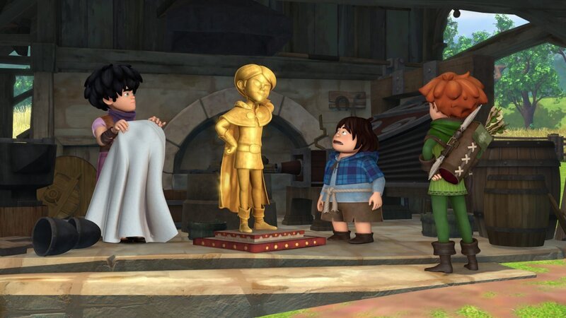 Prinz John hat sich eine goldene Statue gießen lassen. Das Gold dazu nahm er den Bürgern in Form von neuen Steuern weg. Little John, Tuck und Robin Hood haben einen Plan. – Bild: ZDF/​Method Animation/​DQ Entertainment/​Fabrique d’images/​ZDF Enterprises/​De Agostini