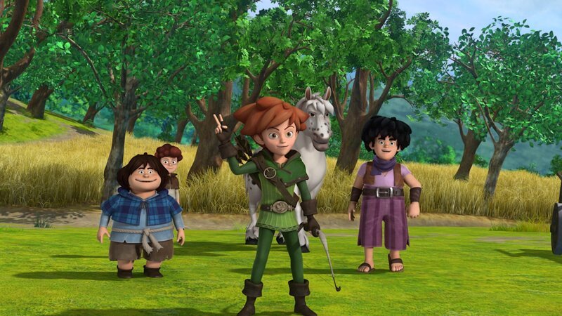 Robin Hood und seine Gefährten Tuck und Little John konnten erfolgreich den Sheriff und seine Männer verjagen, die das Pferd von Lubin beschlagnahmen wollten. – Bild: ZDF/​Method Animation/​DQ Entertainment/​Fabrique d’images/​ZDF Enterprises/​De Agostini