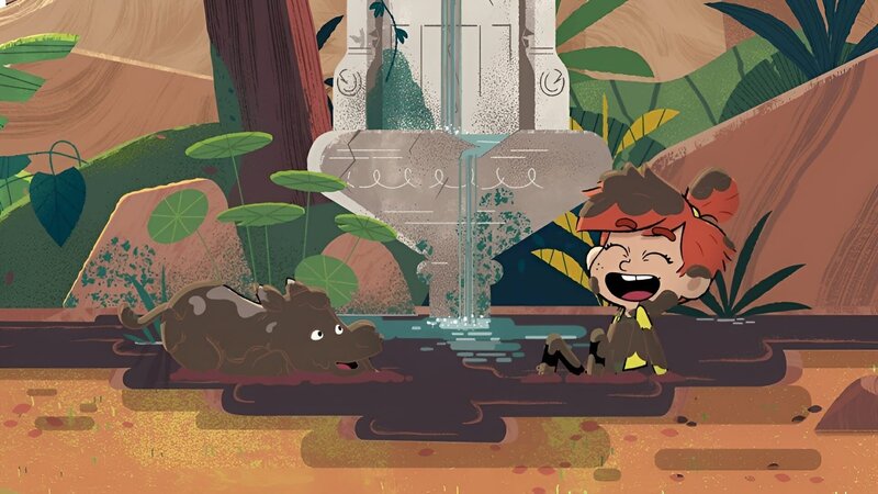 Mit dem Neuankömmling Rina, einem Sumatra-Nashorn-Baby, hat Taylor eine Menge Spaß im Schlammloch. – Bild: ZDF/​Watch Next Media