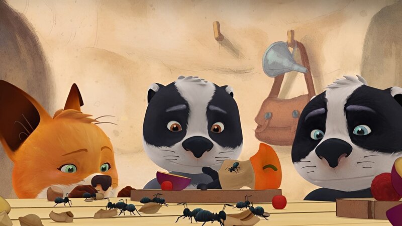 Rosie und die Zwillinge sehen, wie sich die vielen Ameisen über die Essensreste hermachen. – Bild: WDR/​Mediatoon