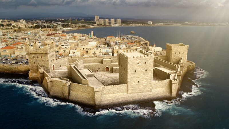 CGI-Nachbildung der antiken Festung von Akkon, Israel, von oben gesehen. – Bild: National Geographic
