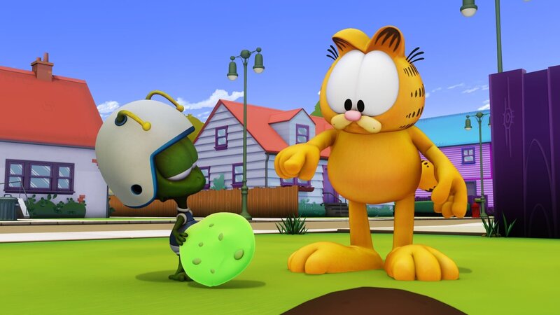 Als Nimbus, der kleine Alien-Freund von Garfield und Odie, mit seiner fliegenden Untertasse auf der Erde einen Zwischenstopp einlegt, schenkt er Odie einen ganz besonderen Hundekeks. – Bild: HR/​DARGAUD MEDIA