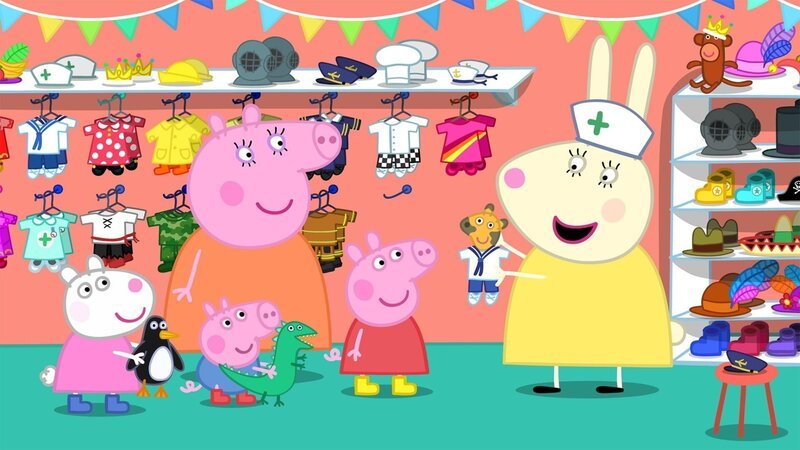 Deshalb gehen Luzie Locke, Mama Wutz, George und Peppa (v.l.n.r.) mit ihren Kuscheltieren in eine Puppenklinik. – Bild: SUPER RTL