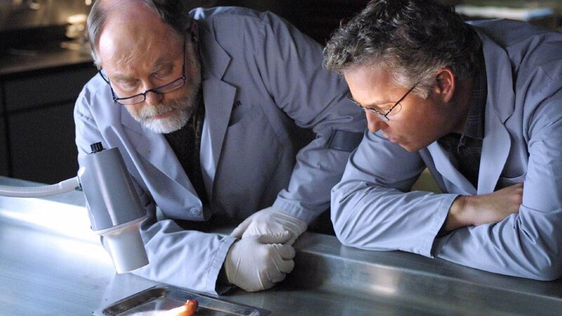 Dr. Robbins (Robert David Hall, l.) und Grissom (William Petersen) untersuchen den abgetrennten Finger, der anscheinend von der Entführten stammt und ihnen von Catherine zugespielt werden konnte. – Bild: TVNOW /​ CBS
