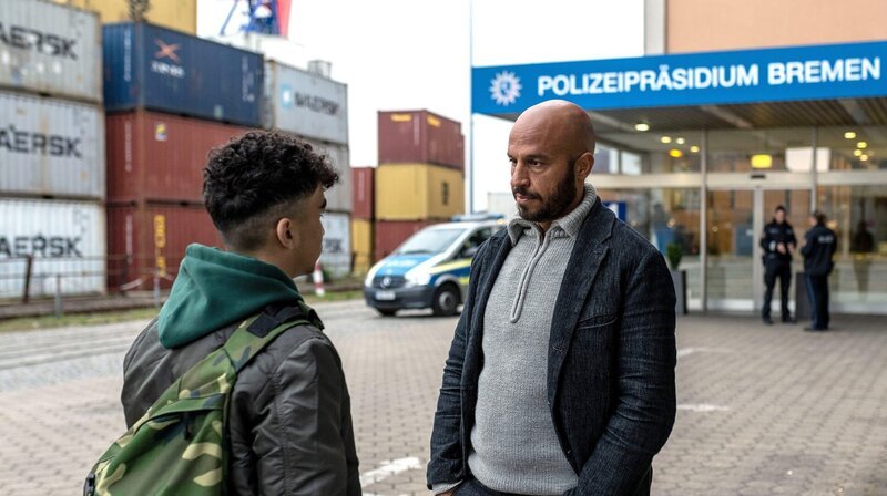 Die Undercover-Ermittlungen in Kopenhagener holen Mads Andersen (Dar Salim, rechts) in Bremen ein (links Adil Helveg (Issa Khattab)). – Bild: Radio Bremen/​Michael Ihle