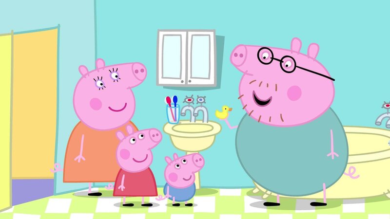 v.li.: Mummy Pig, Peppa Pig, George Pig, Daddy Pig – Bild: RTL