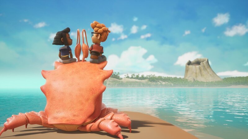 Dolores und Alexander genießen den Strandspaziergang auf dem Rücken von Krebsi, der Riesenkrabbe. – Bild: Method Animation – Mediawan kids & family.