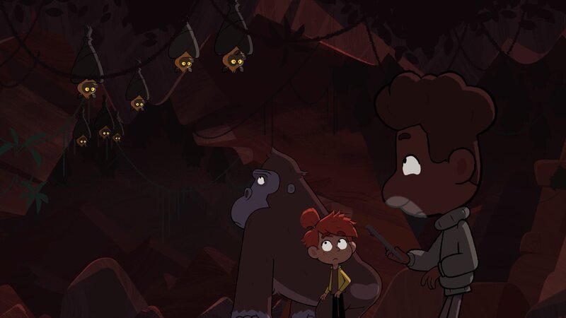Taylor, Tommy und Gorilla Jack suchen sogar in der Höhle der Riesenflughunde nach dem geflüchteten Hirscheber Jojo. – Bild: Watch Next Media