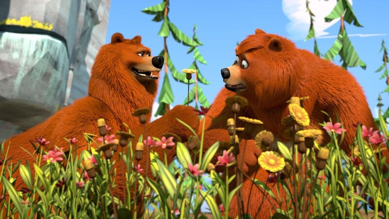 Der Wind hat die Blume im Haar der Bärendame hinfort geweht. Grizzy (l.) versucht, seiner Angebeteten eine neue Blume zu bsorgen. Doch das ist gar nicht so einfach. – Bild: Die seltene Blume /​ Studio Hari S.A.R.L.