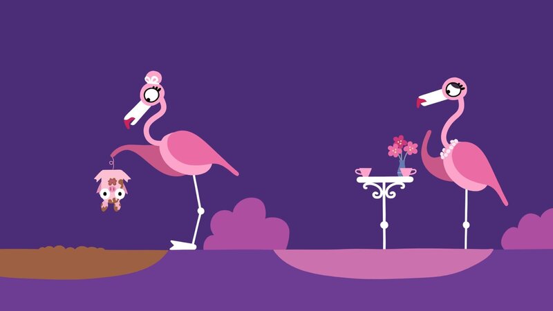 Ein Flamingo entdeckt ein kleines Schweinchen. – Bild: KiKA/​SWR/​Film Bilder/​Julia Ocker