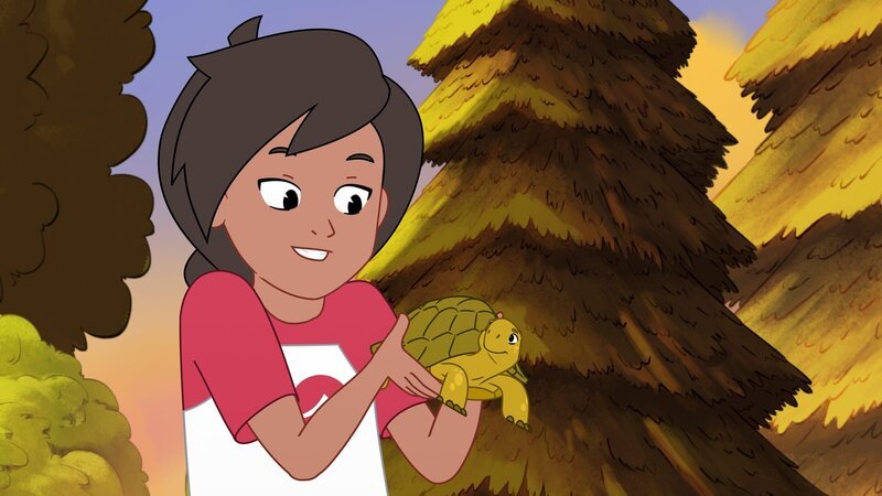 Josefine (l.), die Tochter der Tierärztin von Müggeldorf, hat Dank Schildkröte Törtel (r.) erkannt, dass der Wolf Boris gar nicht der ist, für den ihn alle halten. – Bild: ZDF/​ Caligari Film