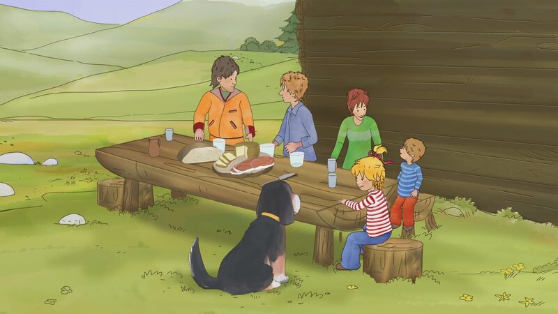 Auf einer Almhütte machen Conni und ihre Familie eine Pause. – Bild: ZDF/​Henning Windelband/​Youngfilms GmbH