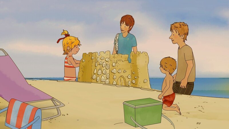 Zusammen mit Jakob, Mama und Papa baut Conni die schönste und größte Sandburg. – Bild: ZDF/​Henning Windelband/​Youngfilms GmbH