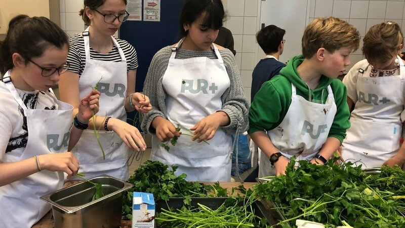 Die Schülerinnen und Schüler der sechsten Klasse waschen und zupfen jede Menge Kräuter, die gleich in das Mittagessen wandern sollen. – Bild: Susanne Kaupp